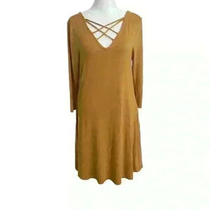 Socialite Women’s Swing Dress Size M Mustard Yellow Cross Neck Design Pockets